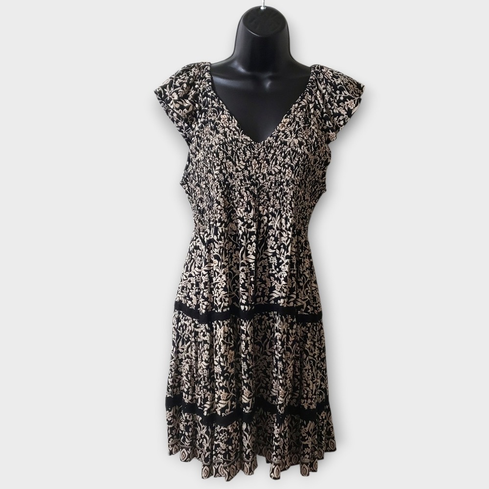 Angie Ditsy Floral Smocked Bodice Tiered Mini Babydoll Dress Black Tan Large